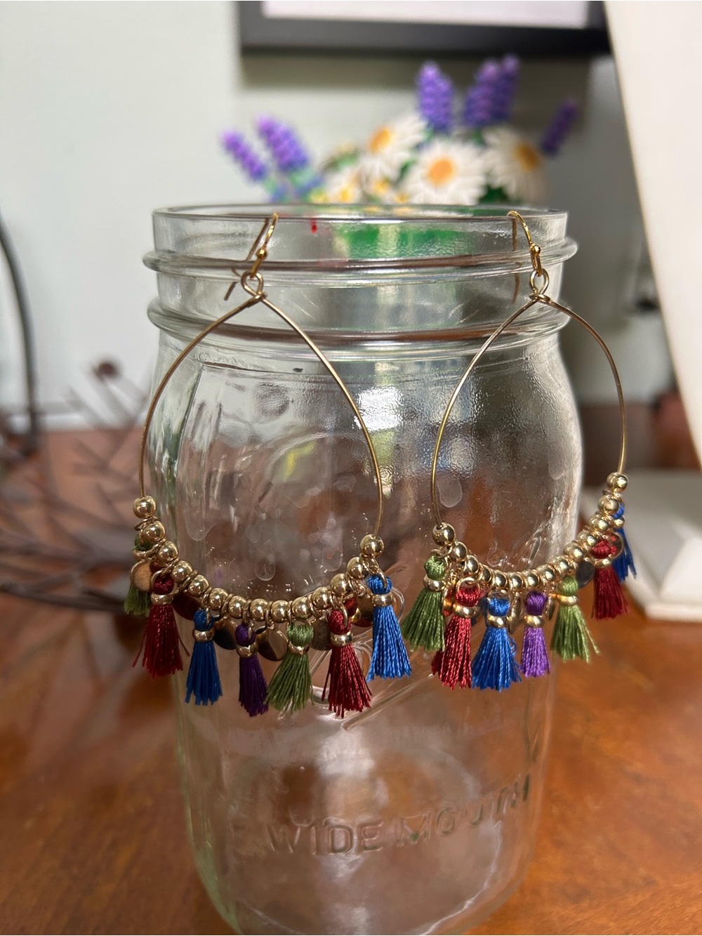 Gold Hoop Tassel Earrings with Multicolor Fringe